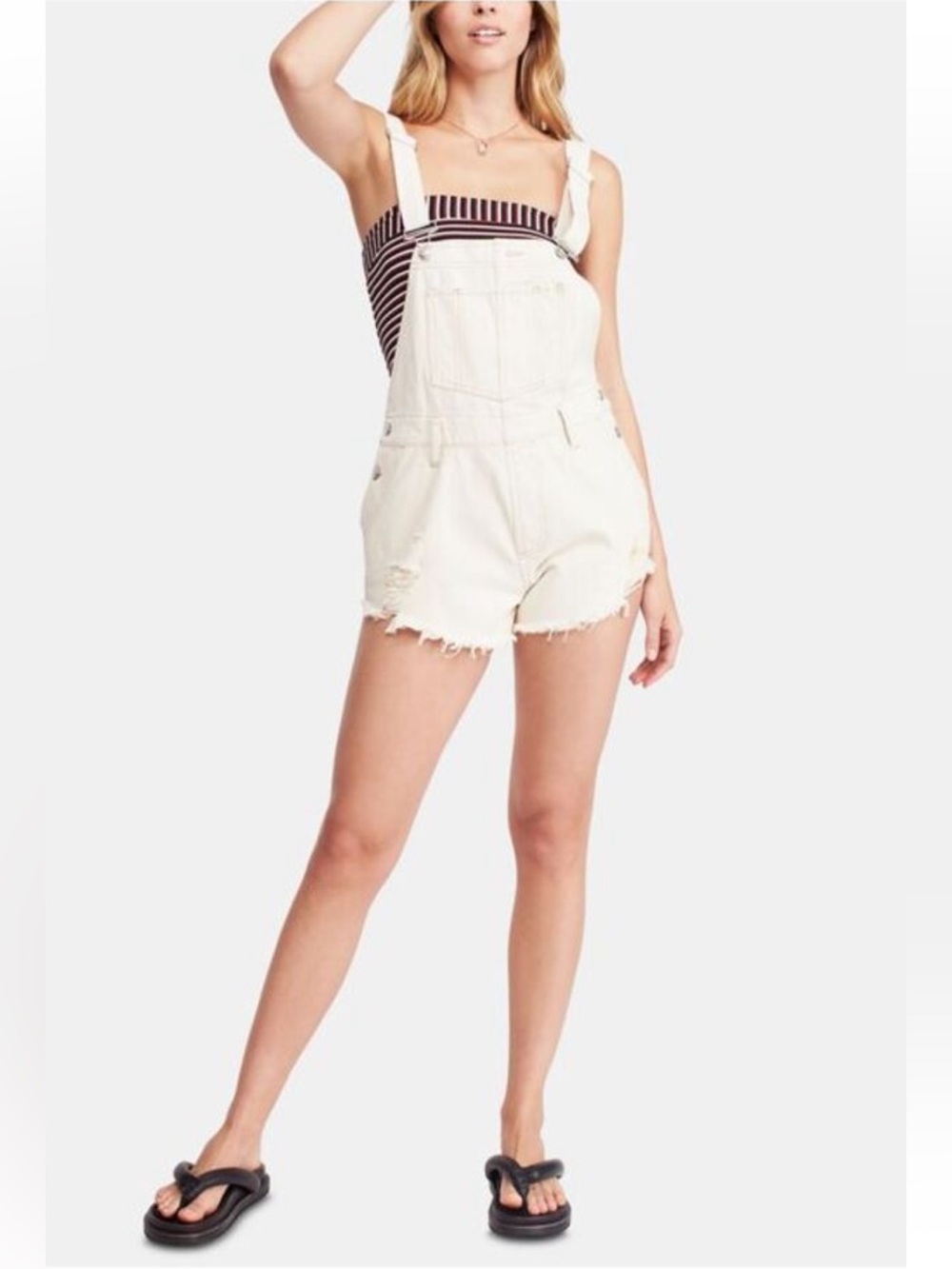 NWT FREE PEOPLE Womens Beige Distressed Overall Shorts 27